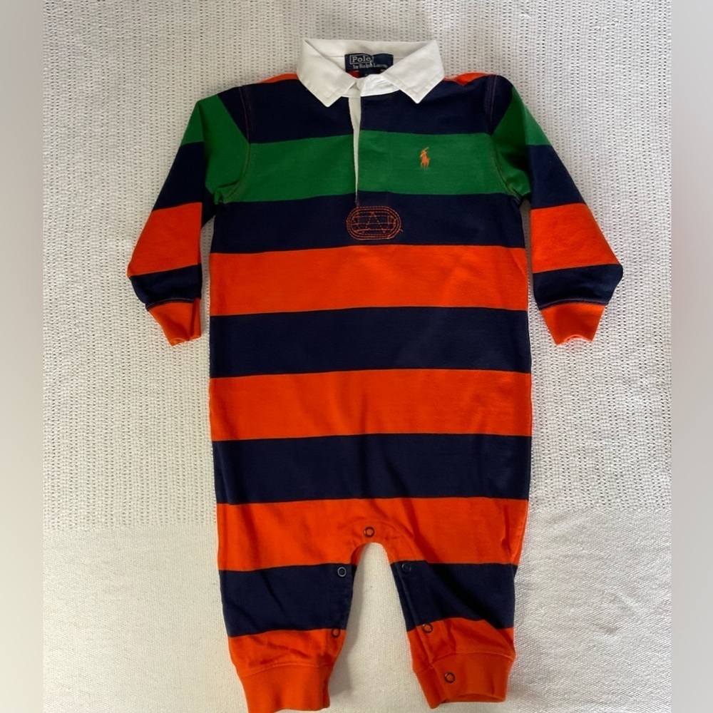 Ralph Lauren Green and Orange Bodysuit with Rugby Stripes